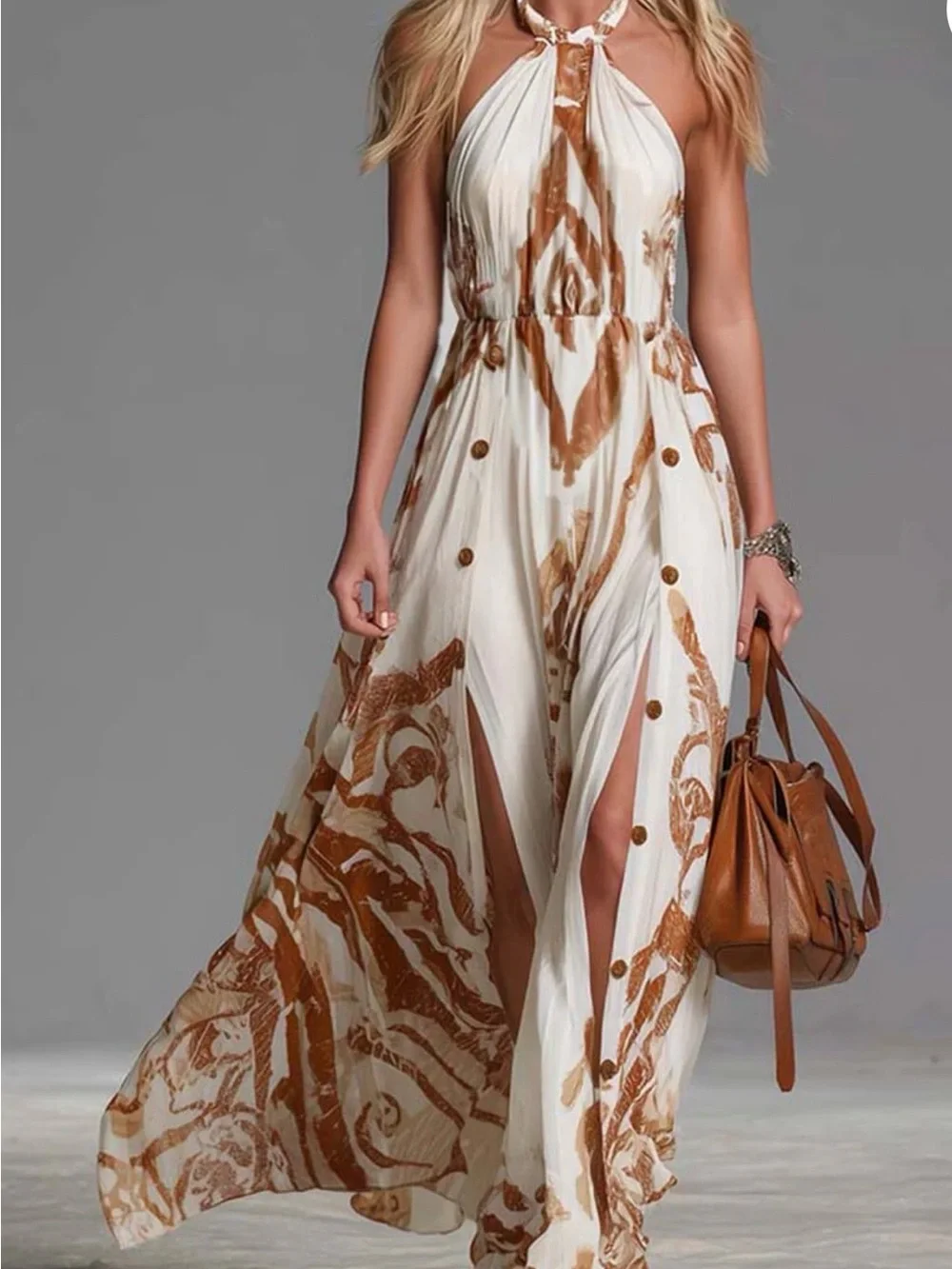 Boho Halter Maxi Dress in Ivory and Brown - Picture 2 of 10